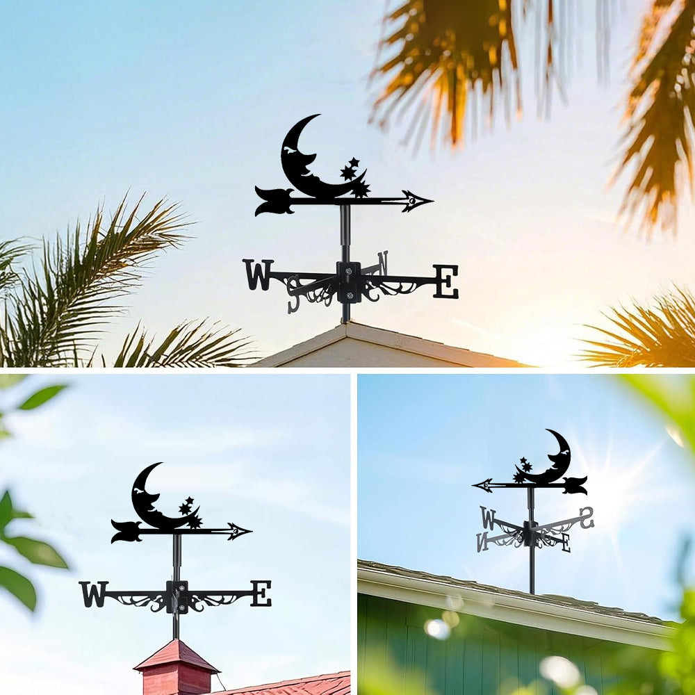 Moon with stars metal weather vane with directional arrows and mounting rod, outdoor roof and garden decoration
