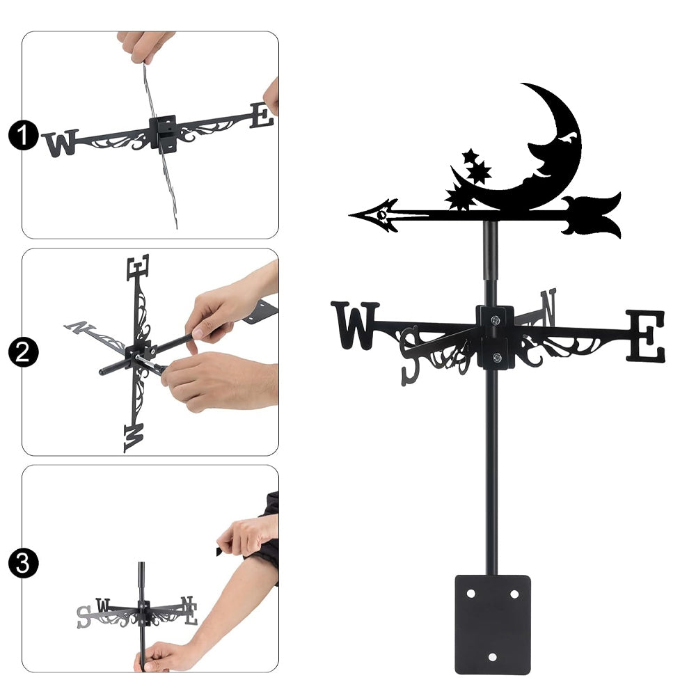 Moon with stars metal weather vane with directional arrows and mounting rod, outdoor roof and garden decoration