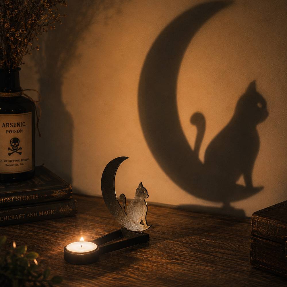 Moonlight cat halloween metal candle holder casting a spooky shadow on the wall