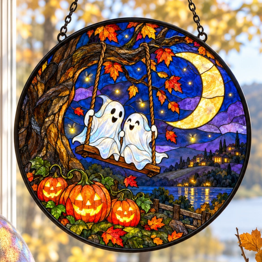 Moonlight Ghost Swing Halloween stained glass suncatcher window hanging, suitable for home and garden decoration