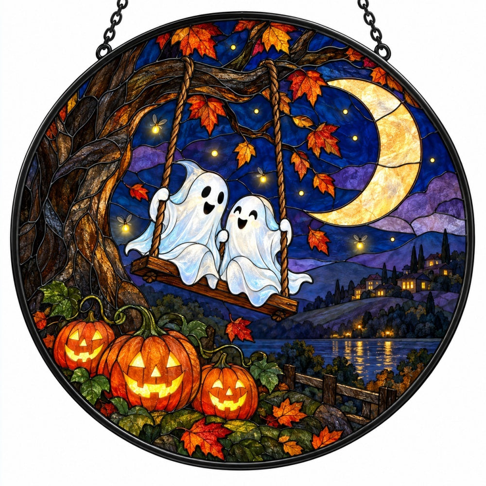 Moonlight Ghost Swing Halloween stained glass suncatcher window hanging, suitable for home and garden decoration