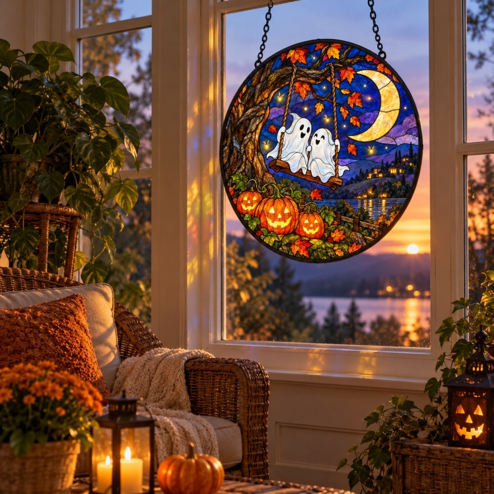 Moonlight Ghost Swing Halloween stained glass suncatcher window hanging, suitable for home and garden decoration
