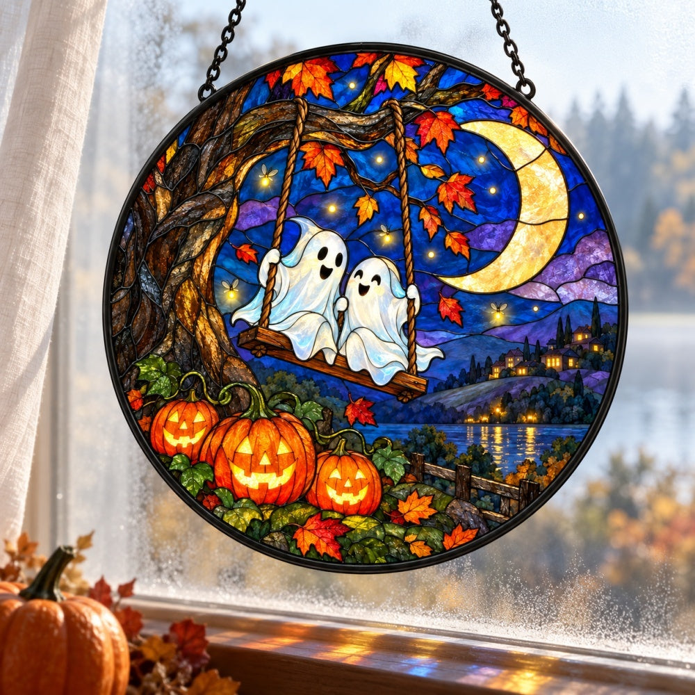 Moonlight Ghost Swing Halloween stained glass suncatcher window hanging, suitable for home and garden decoration