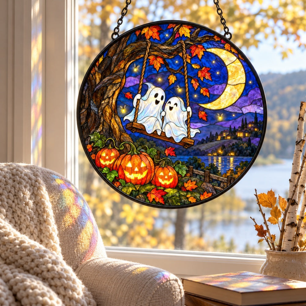 Moonlight Ghost Swing Halloween stained glass suncatcher window hanging, suitable for home and garden decoration