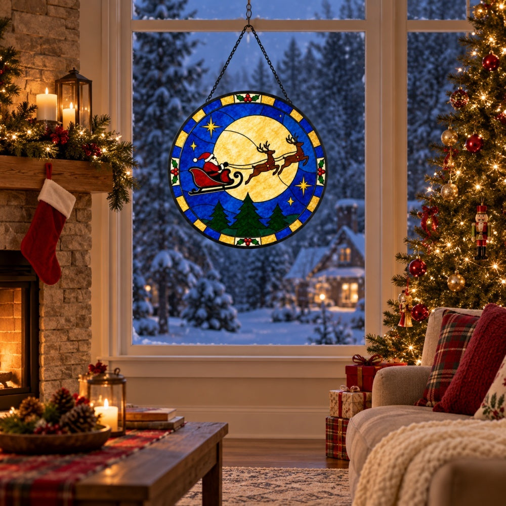 Moonlit sleigh silhouette stained glass suncatcher window hanging, suitable for home and garden decoration