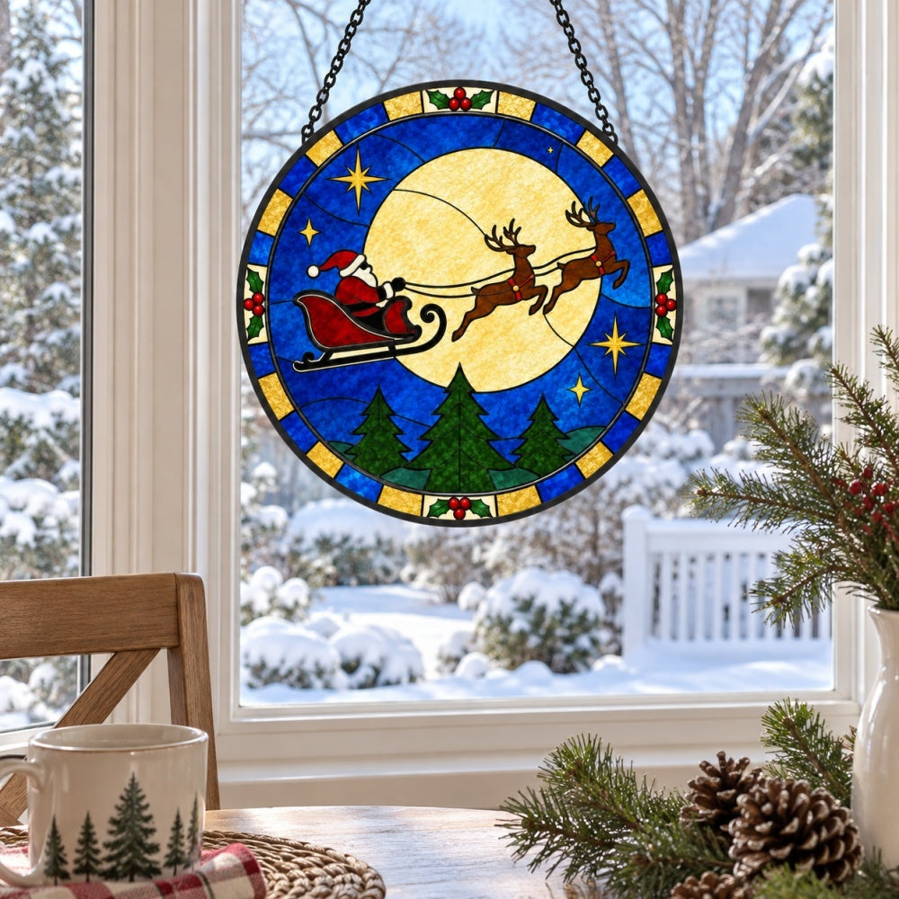 Moonlit sleigh silhouette stained glass suncatcher window hanging, suitable for home and garden decoration