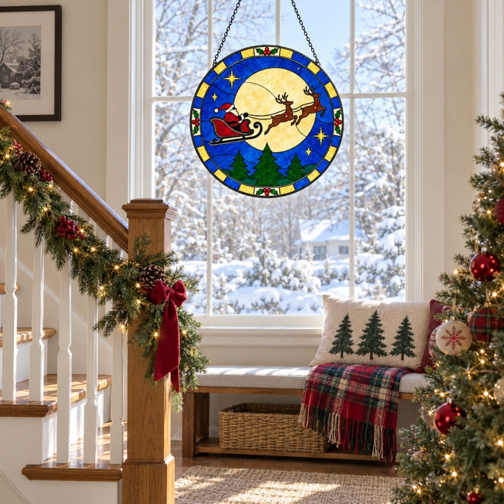 Moonlit sleigh silhouette stained glass suncatcher window hanging, suitable for home and garden decoration