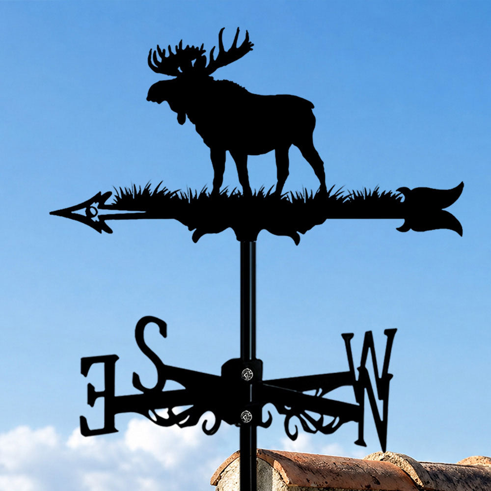Moose metal weather vane with directional arrows and mounting rod, outdoor roof and garden decoration