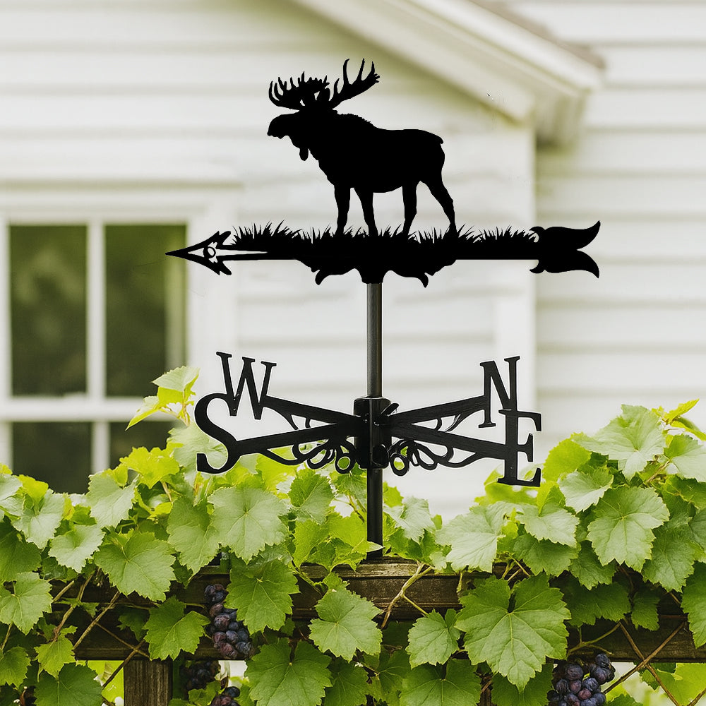 Moose metal weather vane with directional arrows and mounting rod, outdoor roof and garden decoration