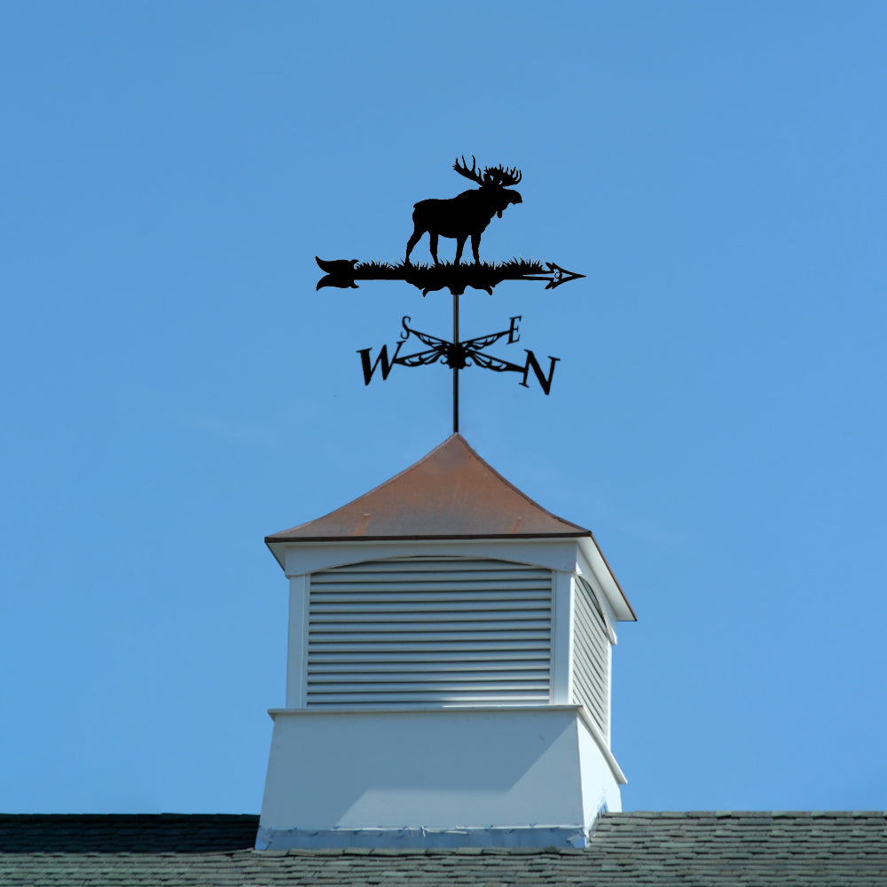 Moose metal weather vane with directional arrows and mounting rod, outdoor roof and garden decoration