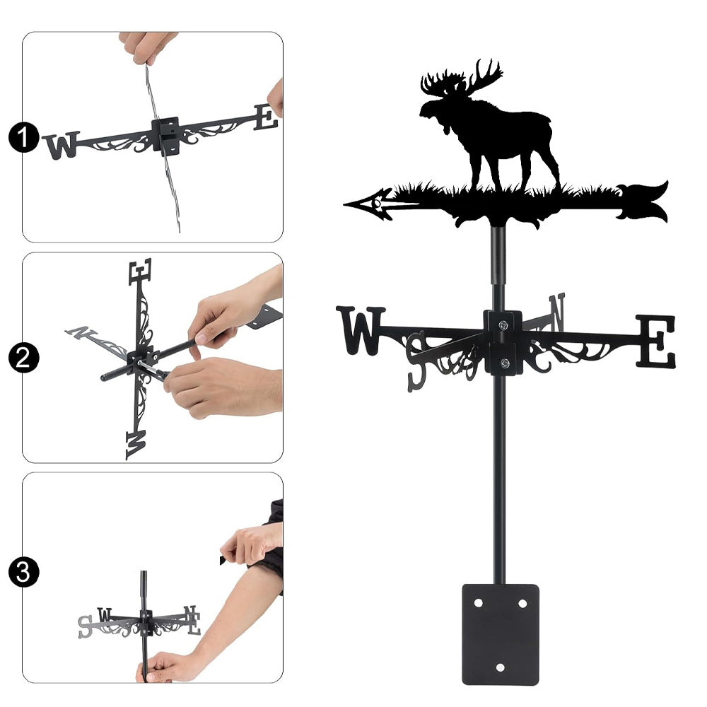Moose metal weather vane with directional arrows and mounting rod, outdoor roof and garden decoration