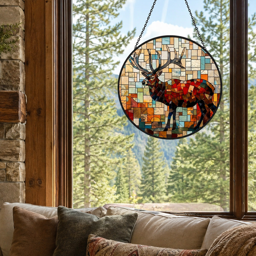 Mosaic stag deer stained glass suncatcher window hanging, suitable for home and garden decoration