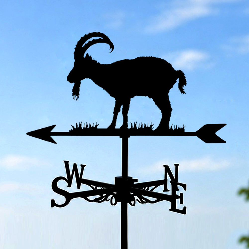 Mountain goat metal weather vane with directional arrows and mounting rod, outdoor roof and garden decoration