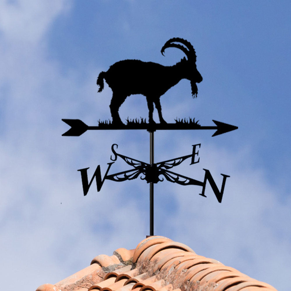Mountain goat metal weather vane with directional arrows and mounting rod, outdoor roof and garden decoration