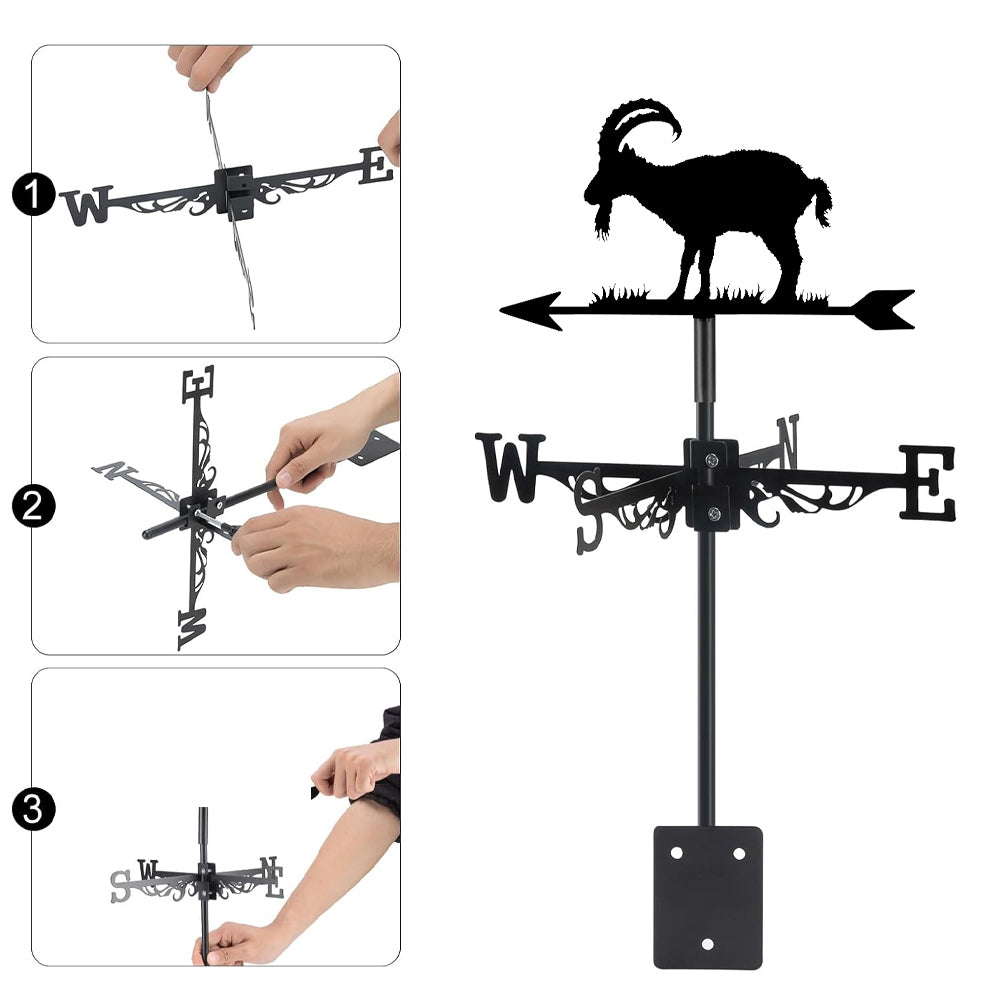 Mountain goat metal weather vane with directional arrows and mounting rod, outdoor roof and garden decoration
