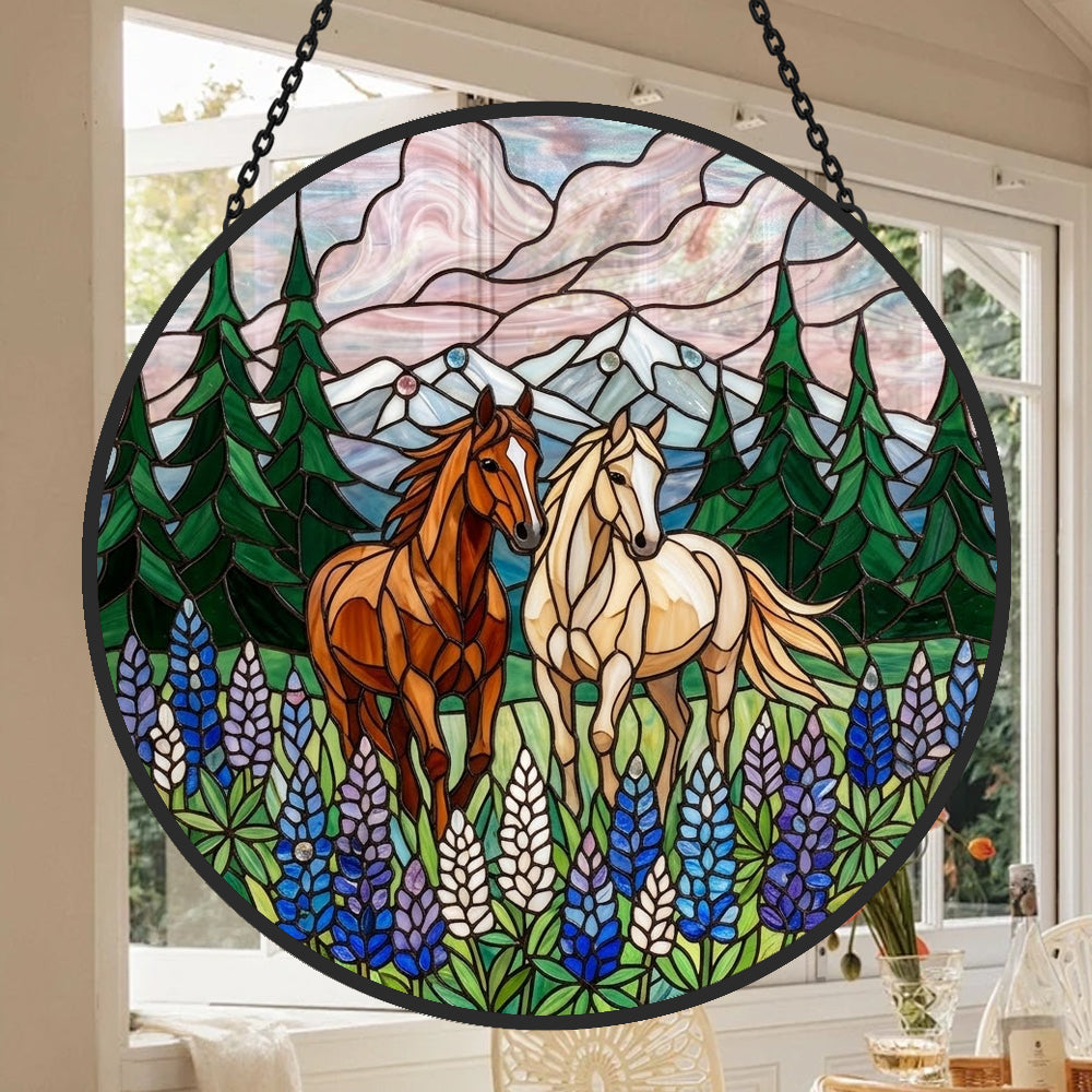 Mountain lupine flower horses stained glass suncatcher window hanging, suitable for home and garden decoration