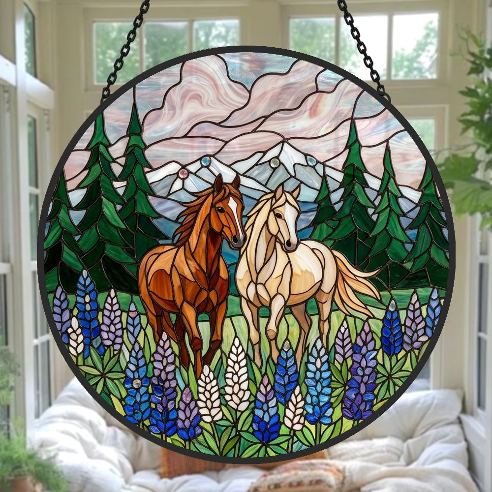 Mountain lupine flower horses stained glass suncatcher window hanging, suitable for home and garden decoration
