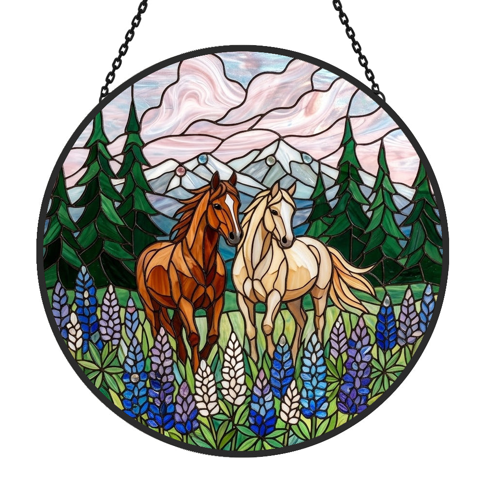 Mountain lupine flower horses stained glass suncatcher window hanging, suitable for home and garden decoration