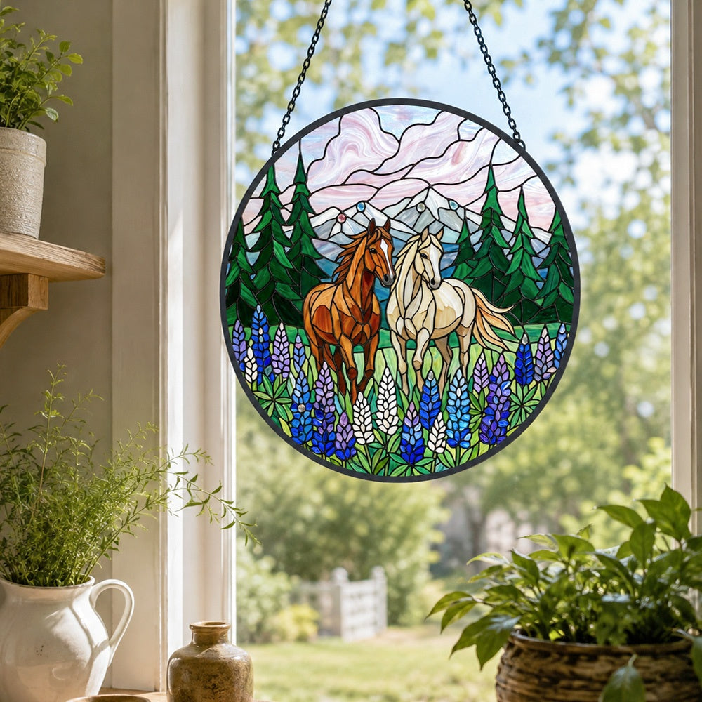 Mountain lupine flower horses stained glass suncatcher window hanging, suitable for home and garden decoration