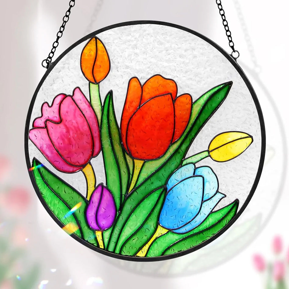 Multicolor tulip flora stained glass suncatcher window hanging, suitable for home and garden decoration