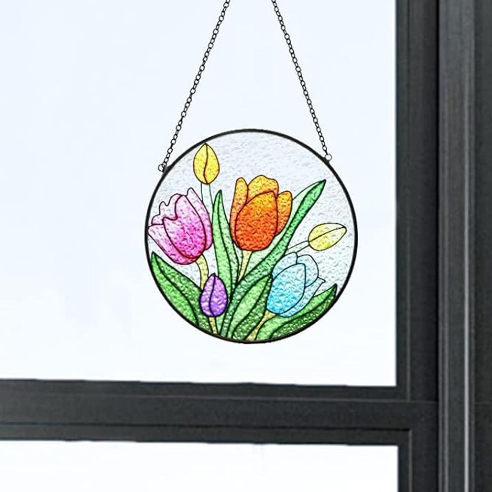 Multicolor tulip flora stained glass suncatcher window hanging, suitable for home and garden decoration