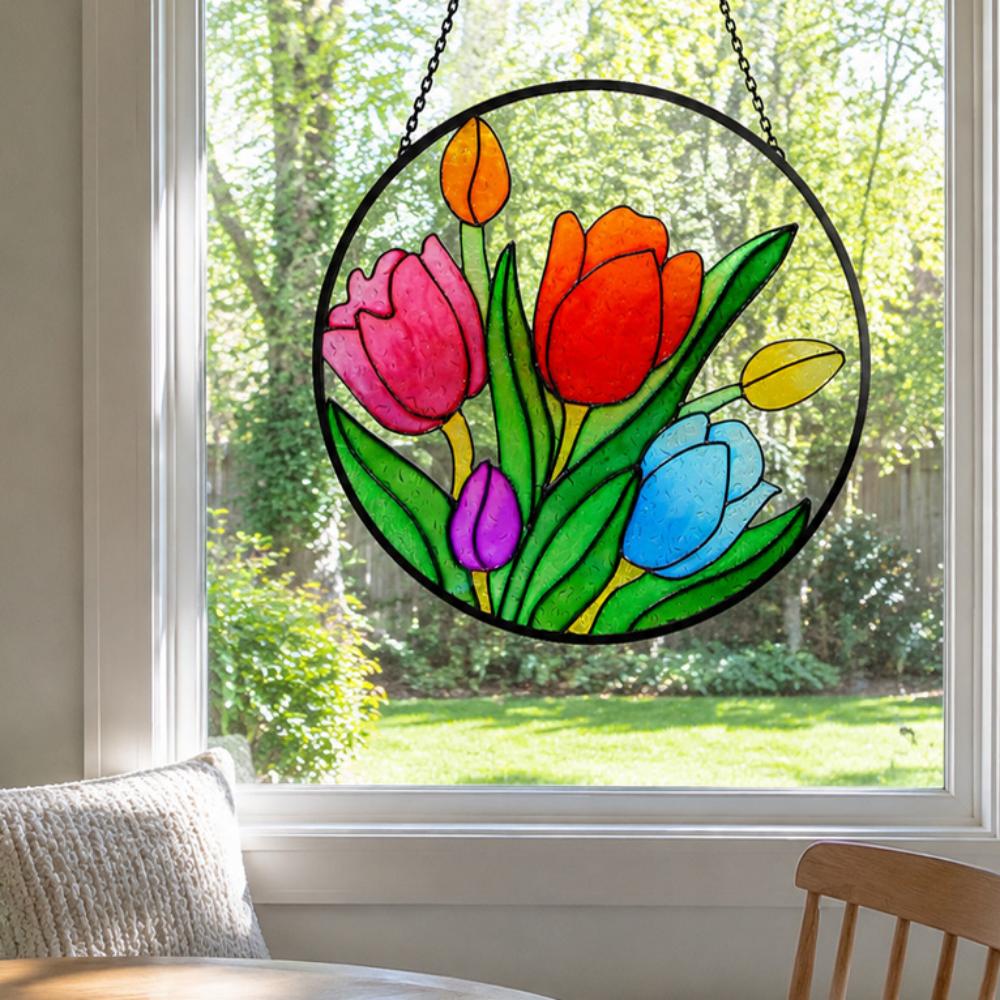 Multicolor tulip flora stained glass suncatcher window hanging, suitable for home and garden decoration
