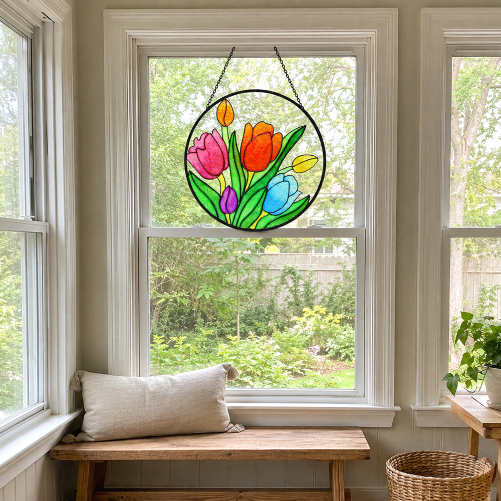 Multicolor tulip flora stained glass suncatcher window hanging, suitable for home and garden decoration