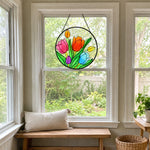 Multicolor tulip flora stained glass suncatcher window hanging, suitable for home and garden decoration