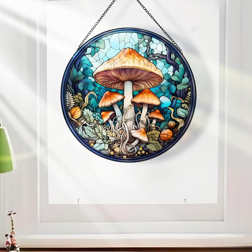 Mystic mushroom stained glass suncatcher window hanging, suitable for home and garden decoration
