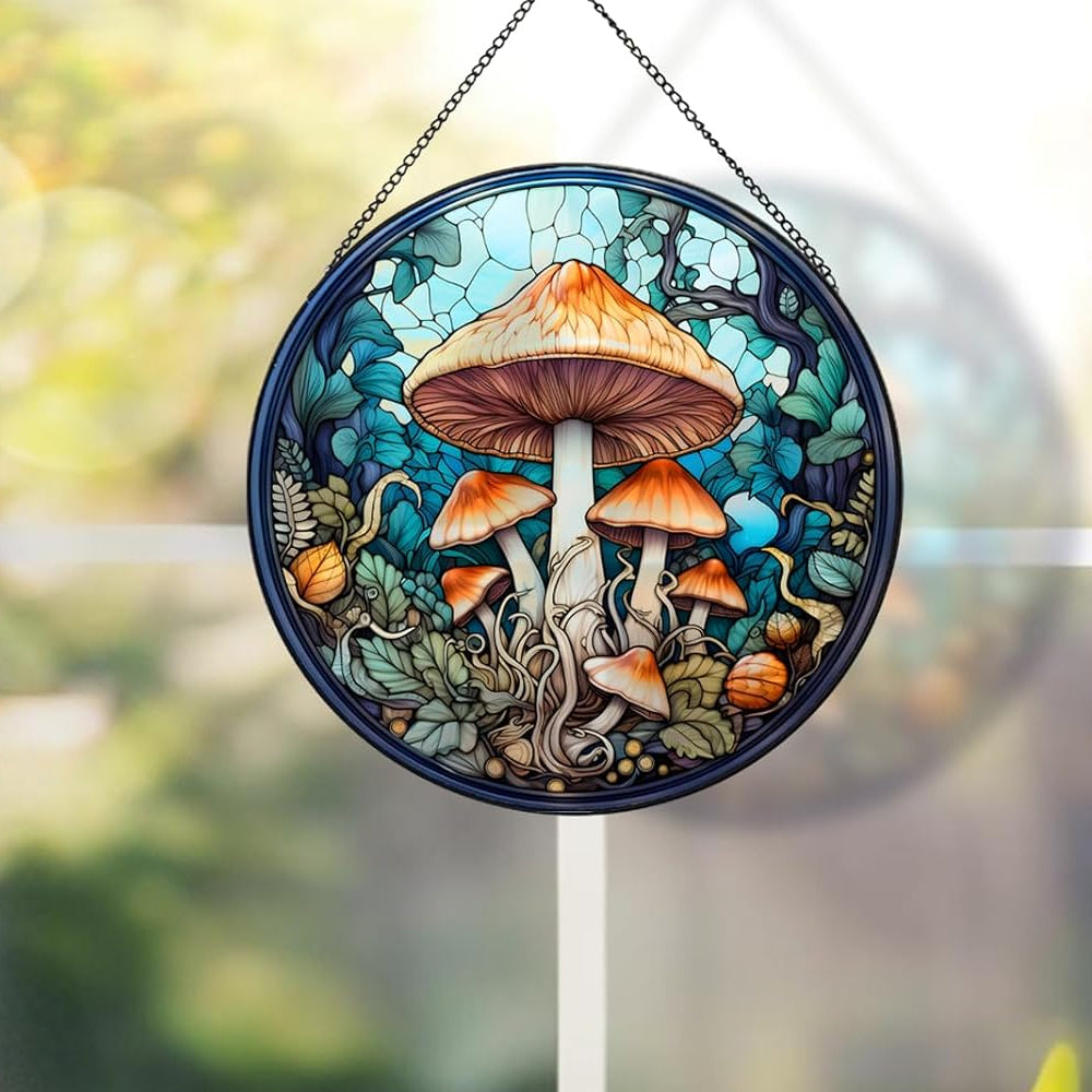 Mystic mushroom stained glass suncatcher window hanging, suitable for home and garden decoration