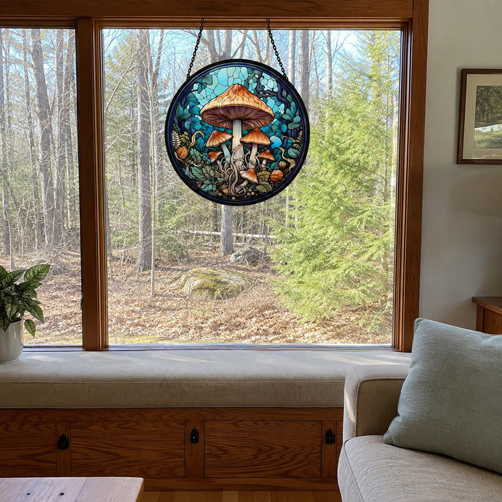 Mystic mushroom stained glass suncatcher window hanging, suitable for home and garden decoration
