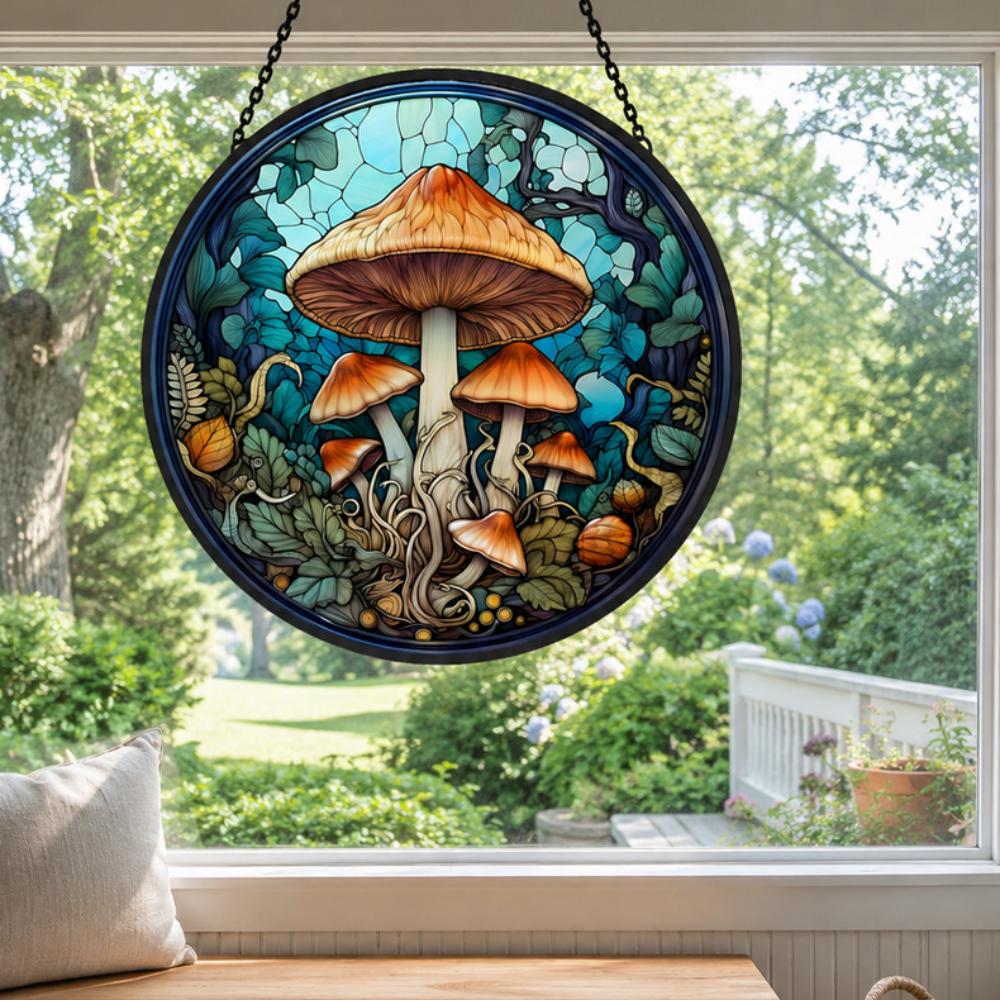Mystic mushroom stained glass suncatcher window hanging, suitable for home and garden decoration