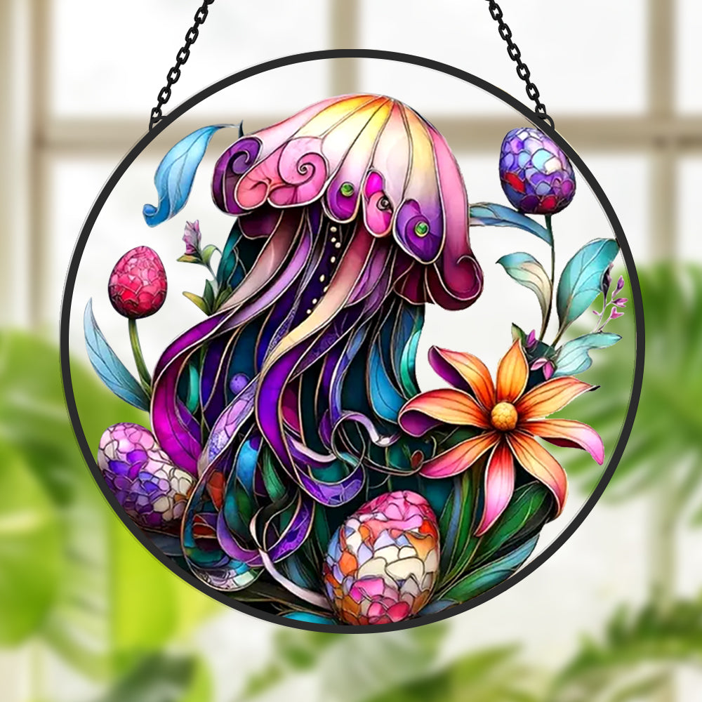 Mystical jellyfish ocean stained glass suncatcher window hanging, suitable for home and garden decoration