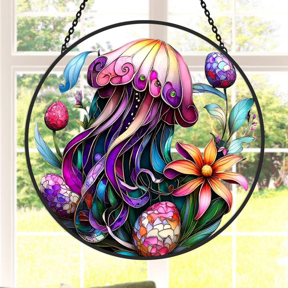 Mystical jellyfish ocean stained glass suncatcher window hanging, suitable for home and garden decoration