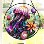 Mystical jellyfish ocean stained glass suncatcher window hanging, suitable for home and garden decoration