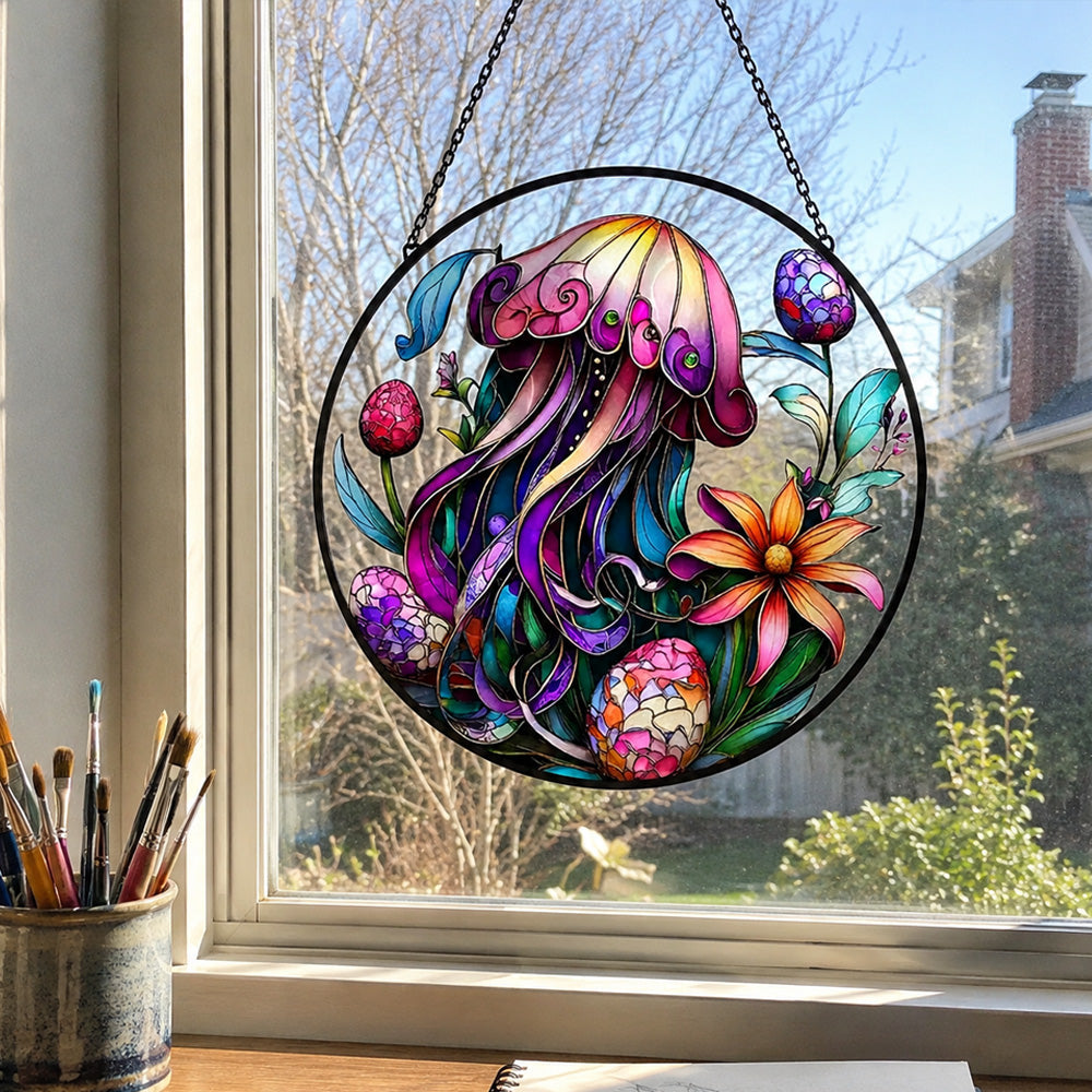 Mystical jellyfish ocean stained glass suncatcher window hanging, suitable for home and garden decoration