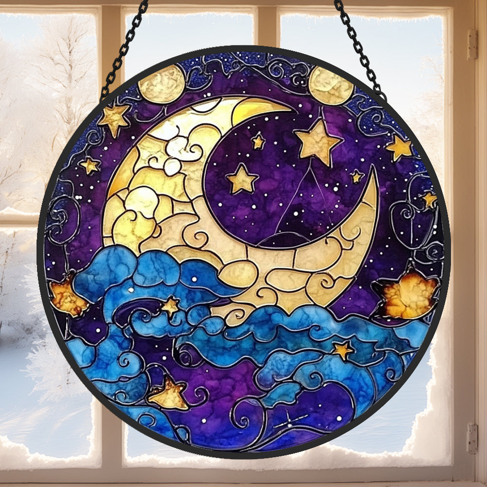 Mystical moon and stars stained glass suncatcher window hanging, suitable for home and garden decoration