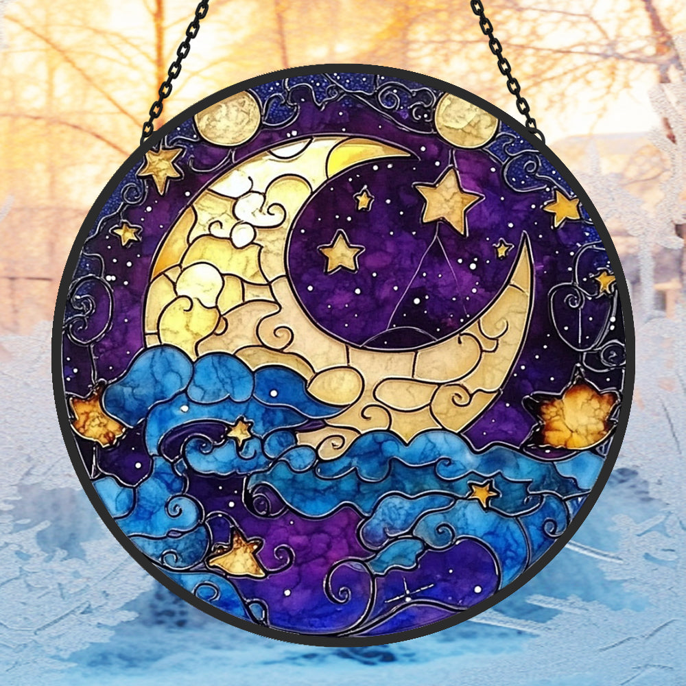 Mystical moon and stars stained glass suncatcher window hanging, suitable for home and garden decoration