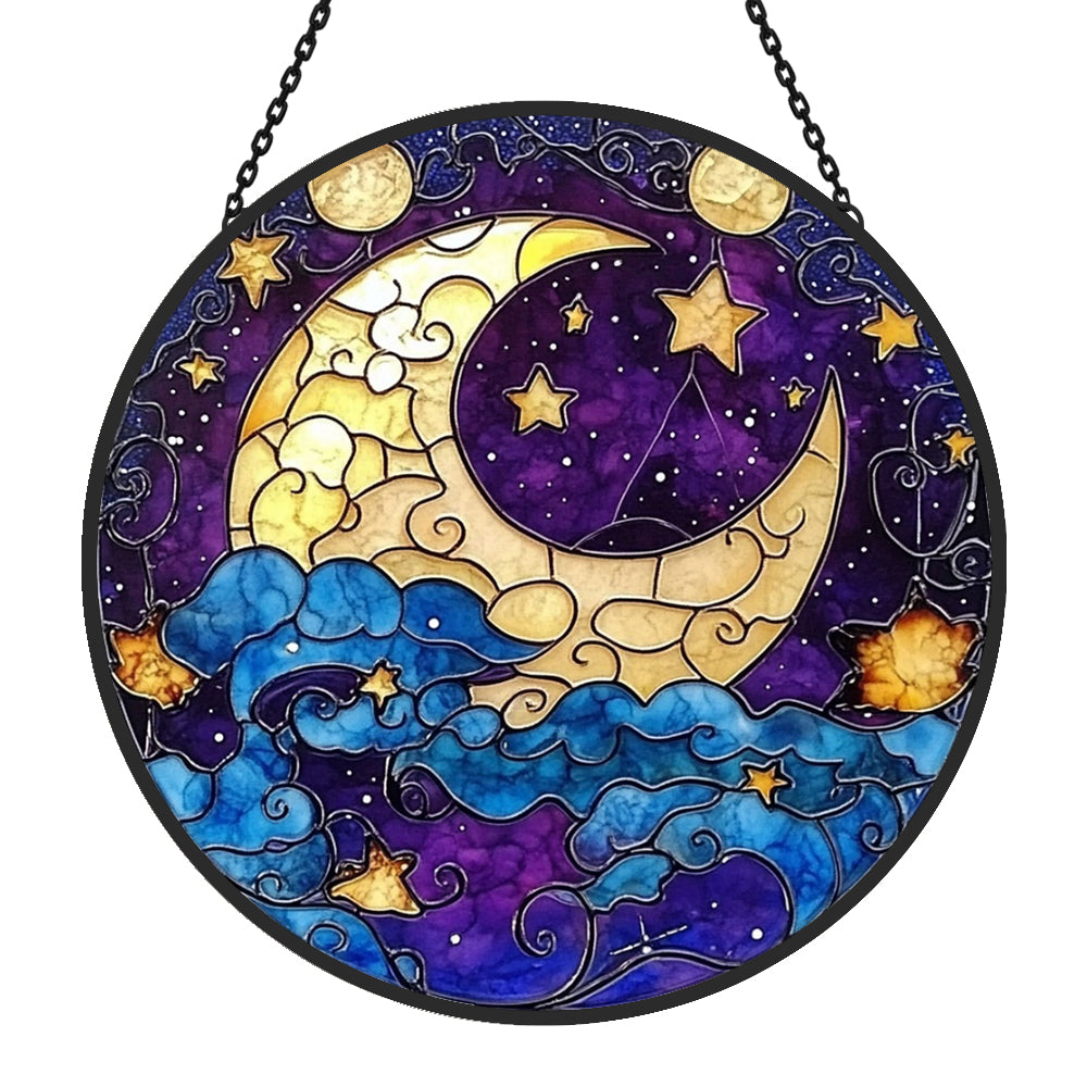 Mystical moon and stars stained glass suncatcher window hanging, suitable for home and garden decoration