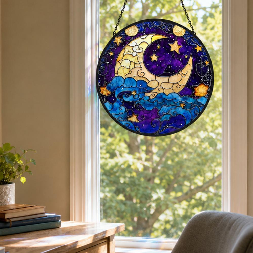 Mystical moon and stars stained glass suncatcher window hanging, suitable for home and garden decoration