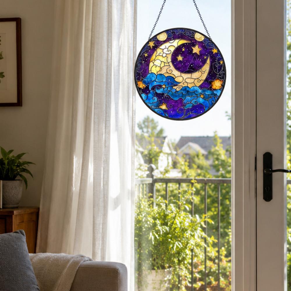 Mystical moon and stars stained glass suncatcher window hanging, suitable for home and garden decoration