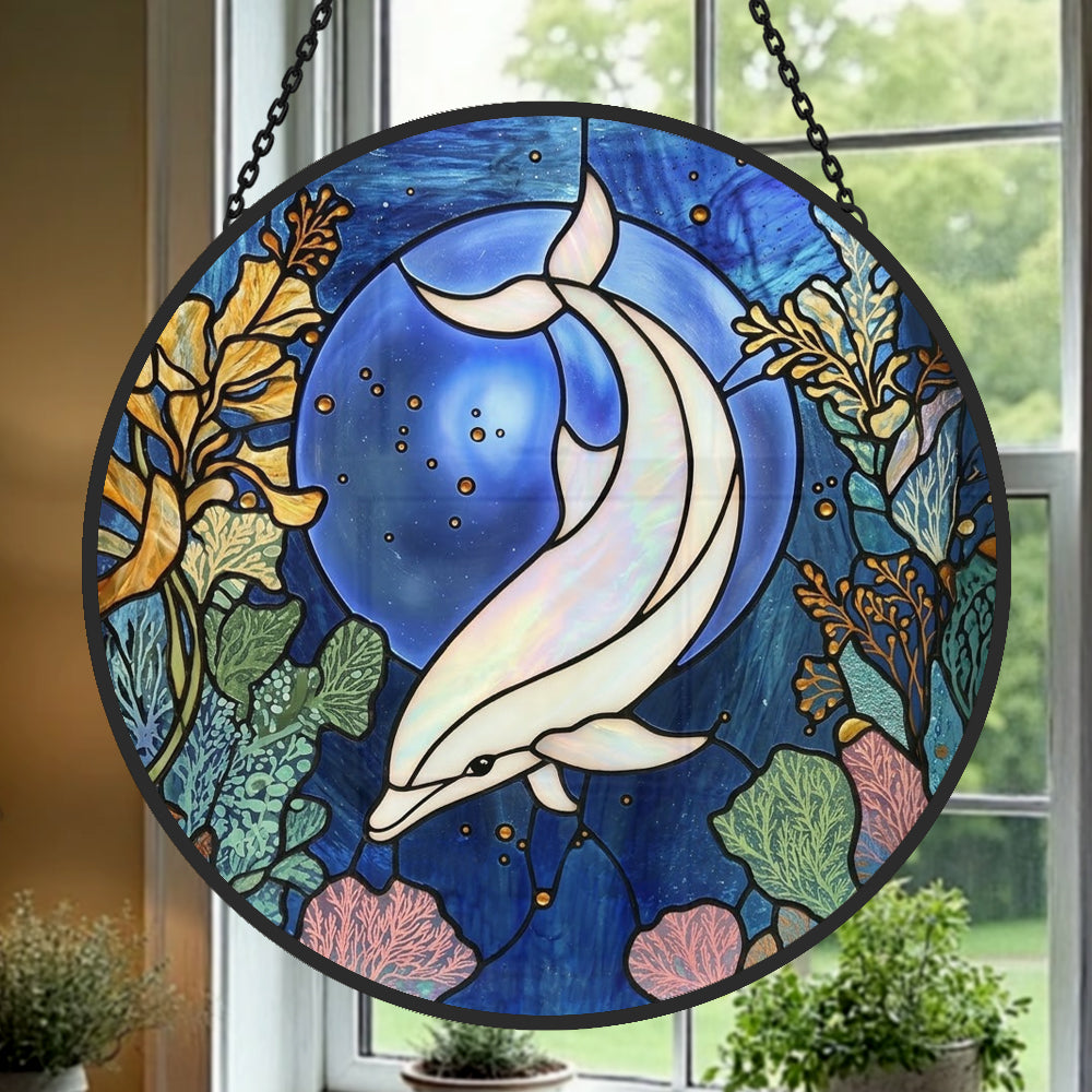 Mystical ocean moon dolphin stained glass suncatcher window hanging, suitable for home and garden decoration