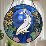 Mystical ocean moon dolphin stained glass suncatcher window hanging, suitable for home and garden decoration