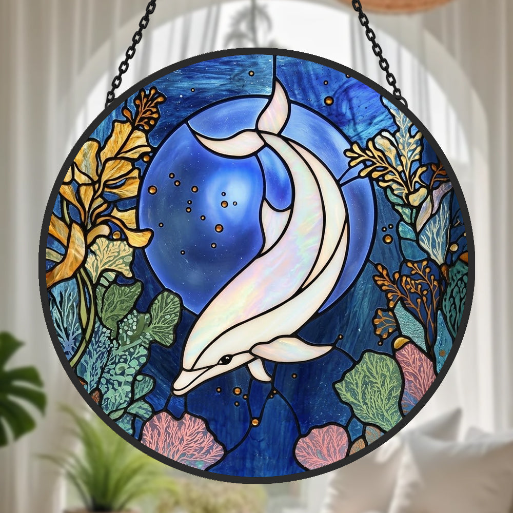 Mystical ocean moon dolphin stained glass suncatcher window hanging, suitable for home and garden decoration