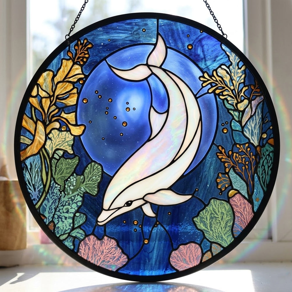 Mystical ocean moon dolphin stained glass suncatcher window hanging, suitable for home and garden decoration