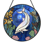 Mystical ocean moon dolphin stained glass suncatcher window hanging, suitable for home and garden decoration