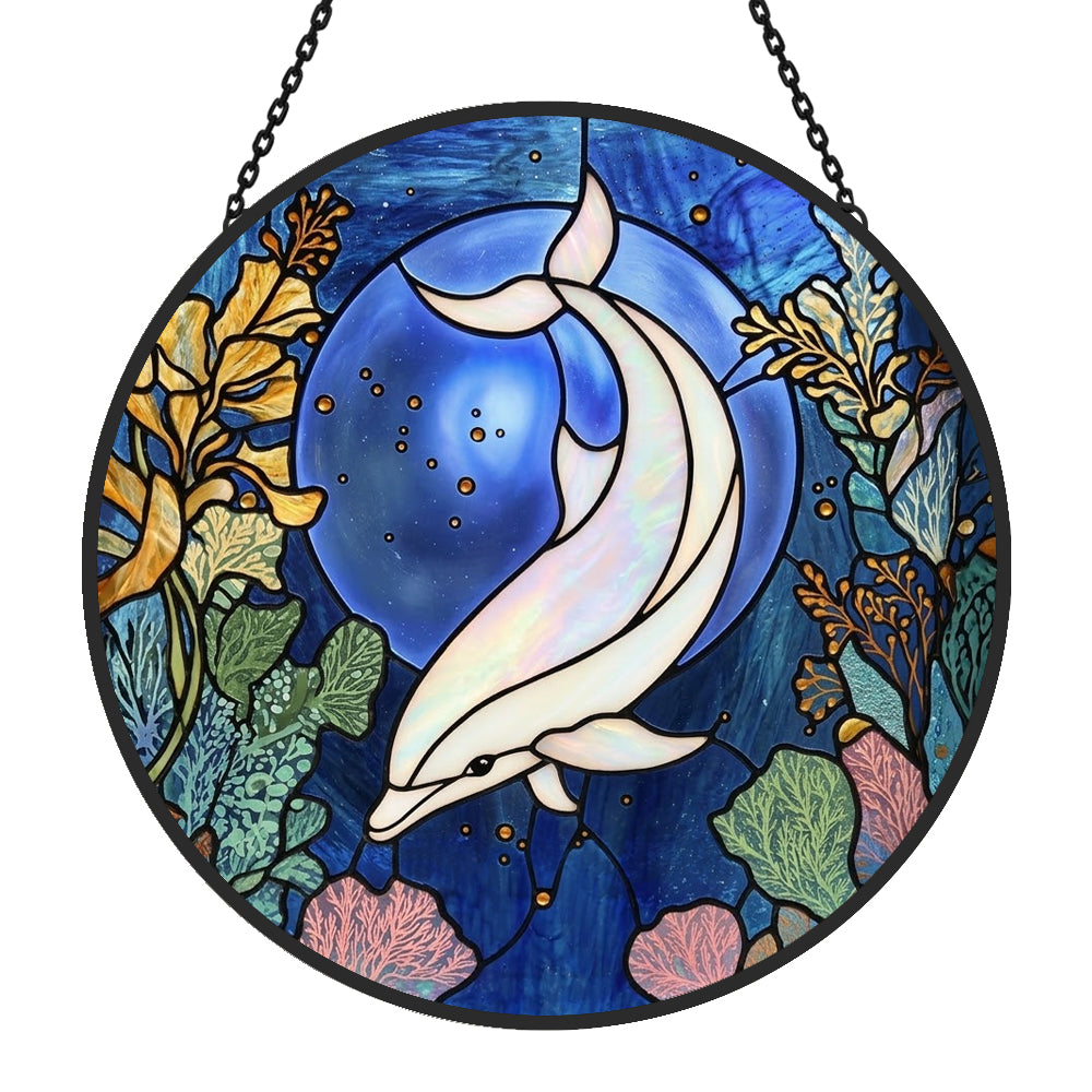 Mystical ocean moon dolphin stained glass suncatcher window hanging, suitable for home and garden decoration