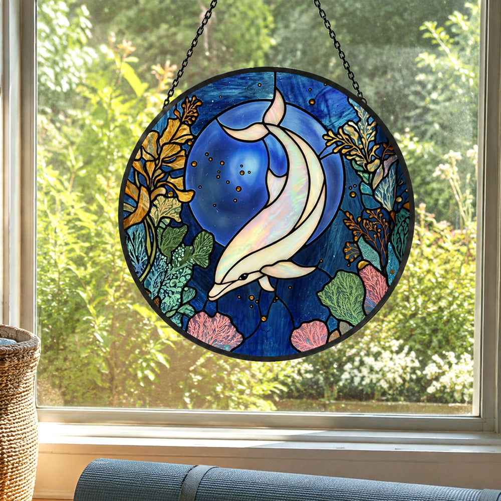Mystical ocean moon dolphin stained glass suncatcher window hanging, suitable for home and garden decoration