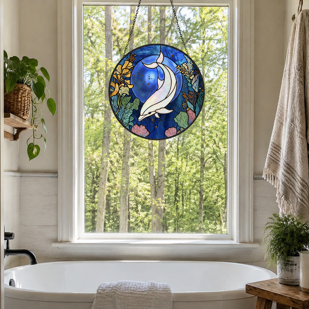 Mystical ocean moon dolphin stained glass suncatcher window hanging, suitable for home and garden decoration