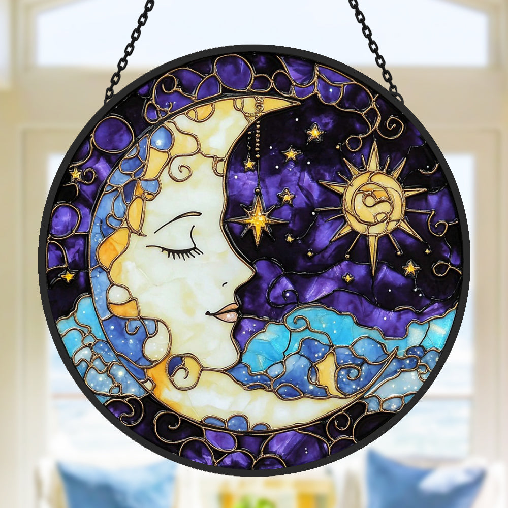 Mystical sun and moon face stained glass suncatcher window hanging, suitable for home and garden decoration